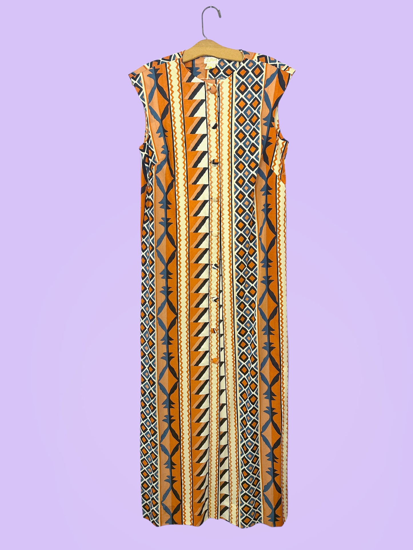 1970's LeVoy Sleeveless Geometric Polyester Maxi Dress