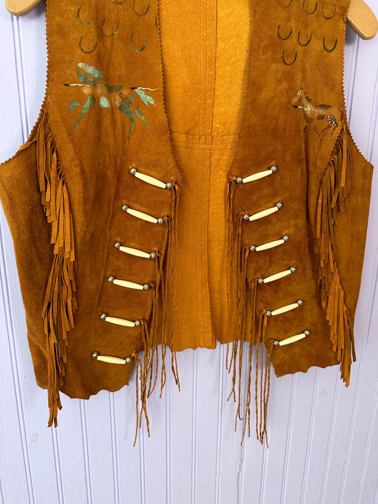 Painted Horses Leather Vest Beaded with Fringe 1960s
