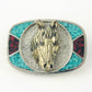 Horse Head Belt Buckle with Red and Blue Stones