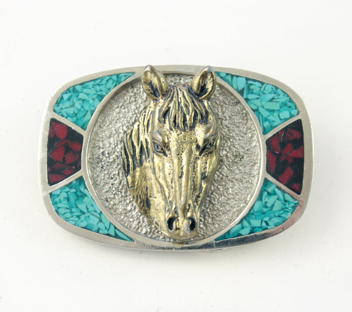 Horse Head Belt Buckle with Red and Blue Stones