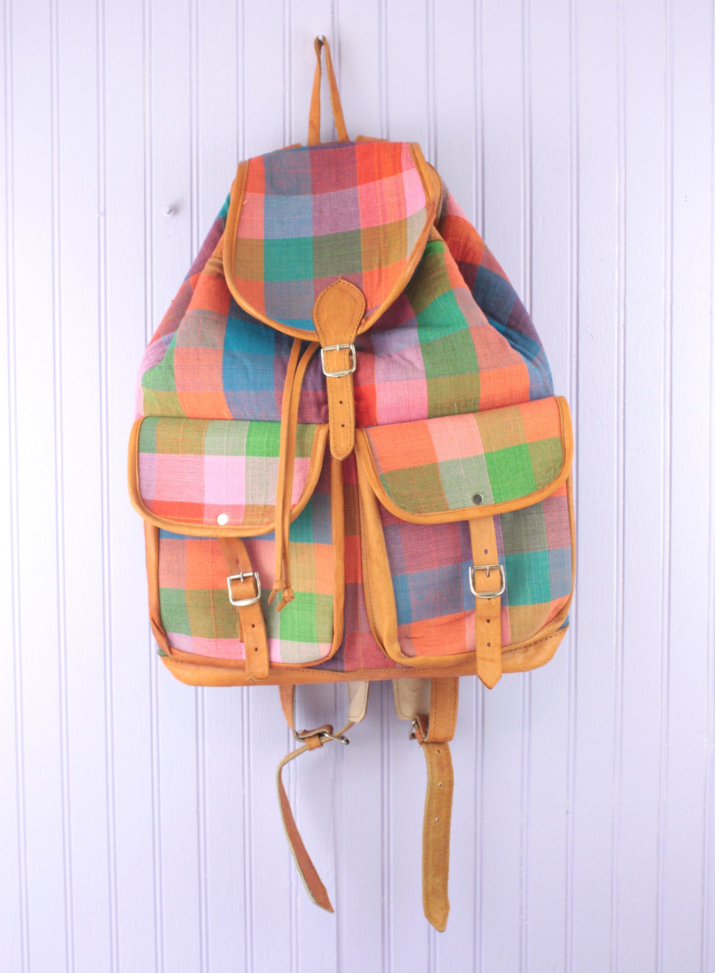 Multicolor Plaid Cotton and Leather Lined Backpack